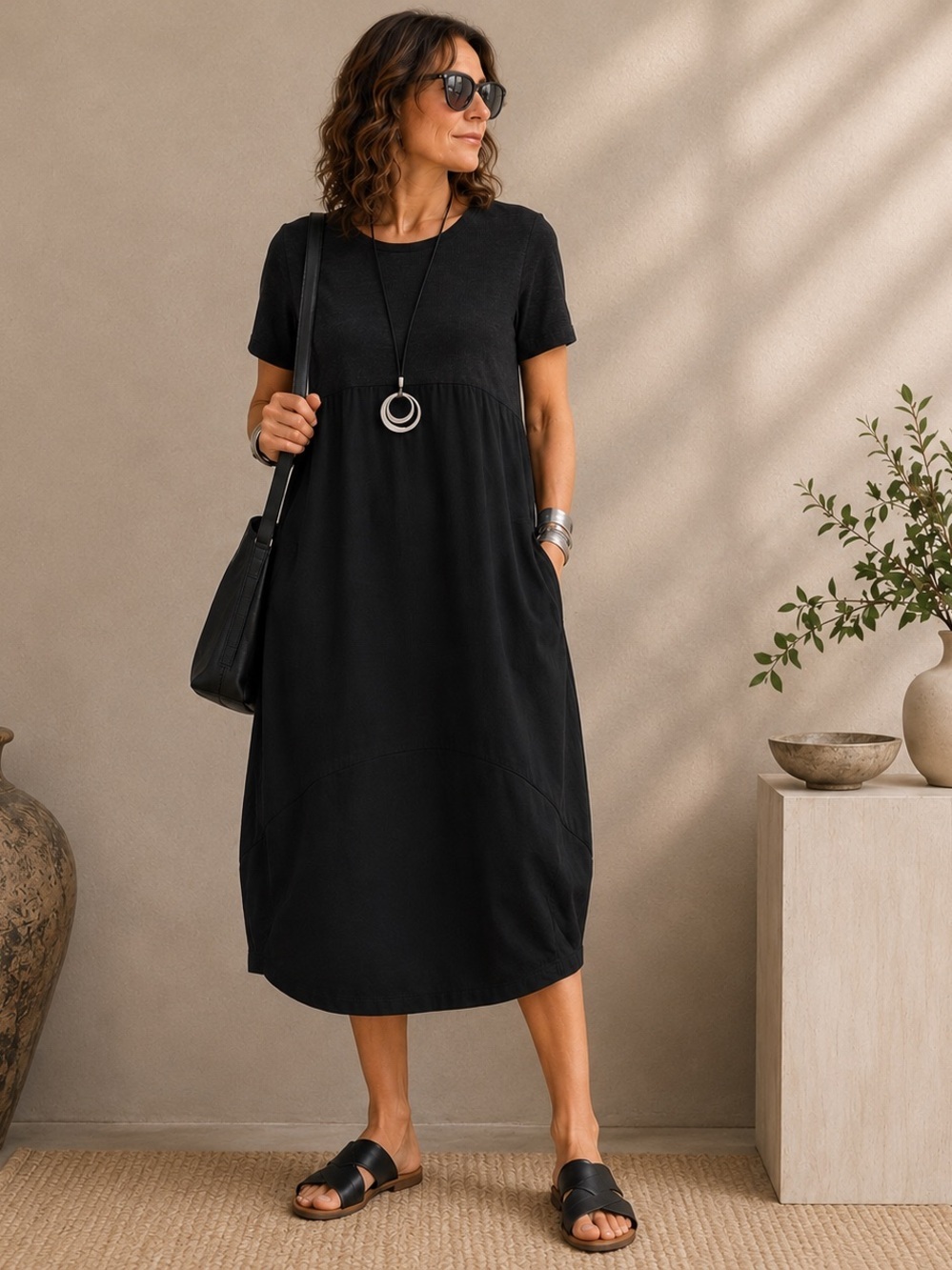Women's Black Midi Dress - Classic Short Sleeve